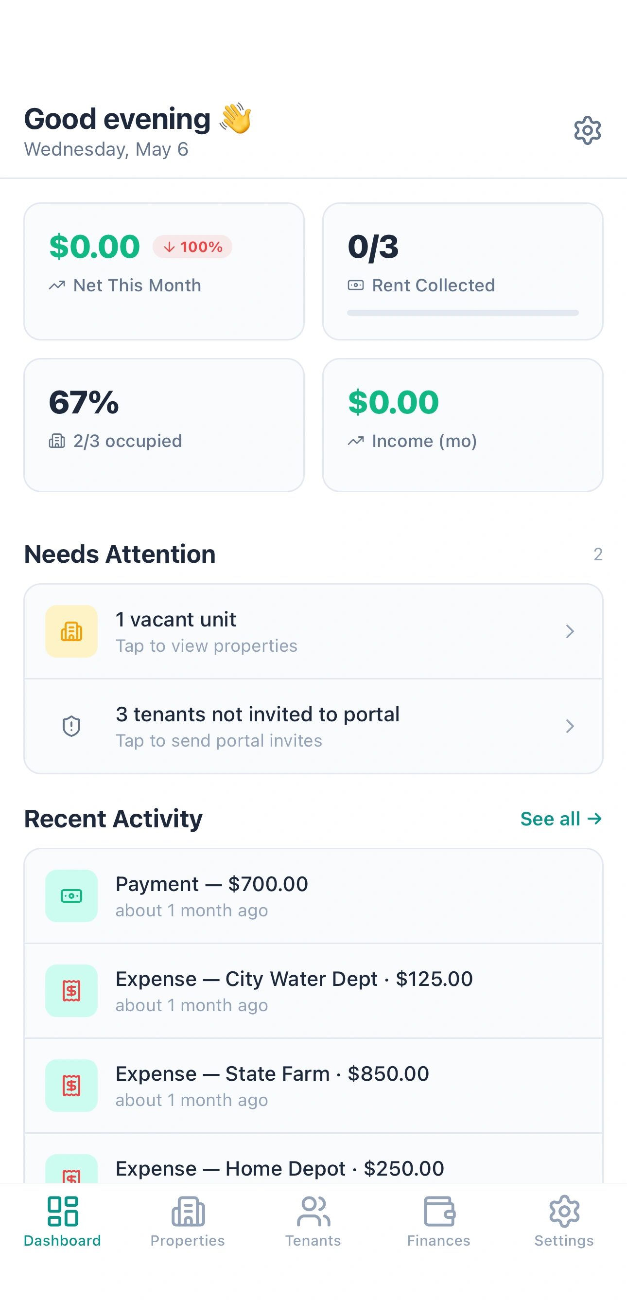 SimplyUnits dashboard showing rental income summary